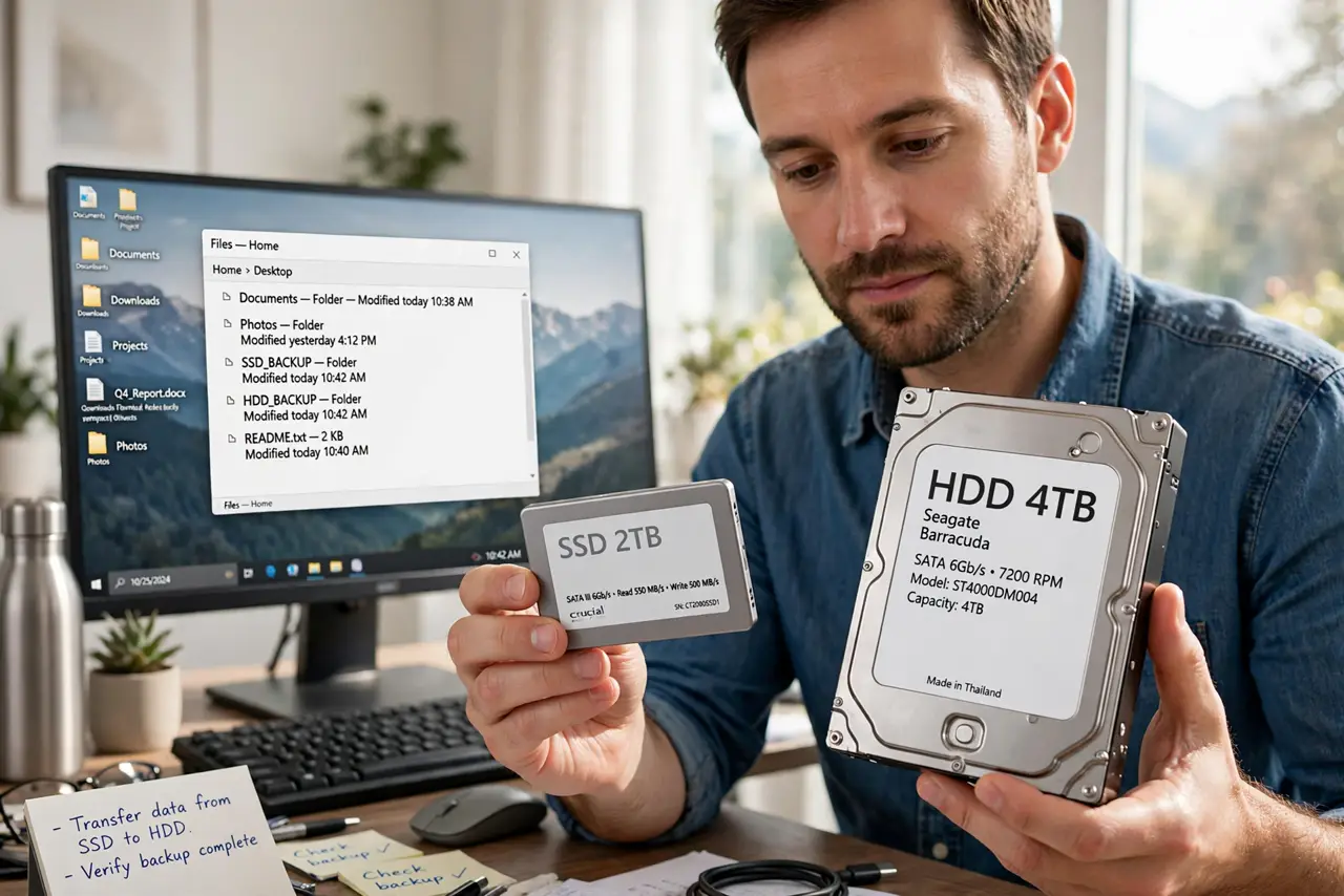 a calm adult holding a real SSD in one hand and a real hard drive in the other at a desk, both clearly visible, a computer nearby showing a normal desktop with legible text