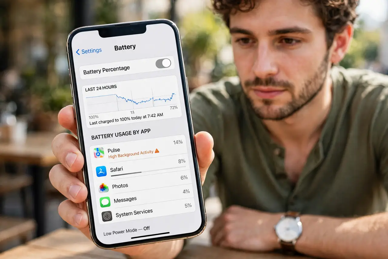 Photoreal photo of a person performing the first step: Learn the warning signs. Rapid battery drain, a warm phone at rest, data usage spikes, and a...