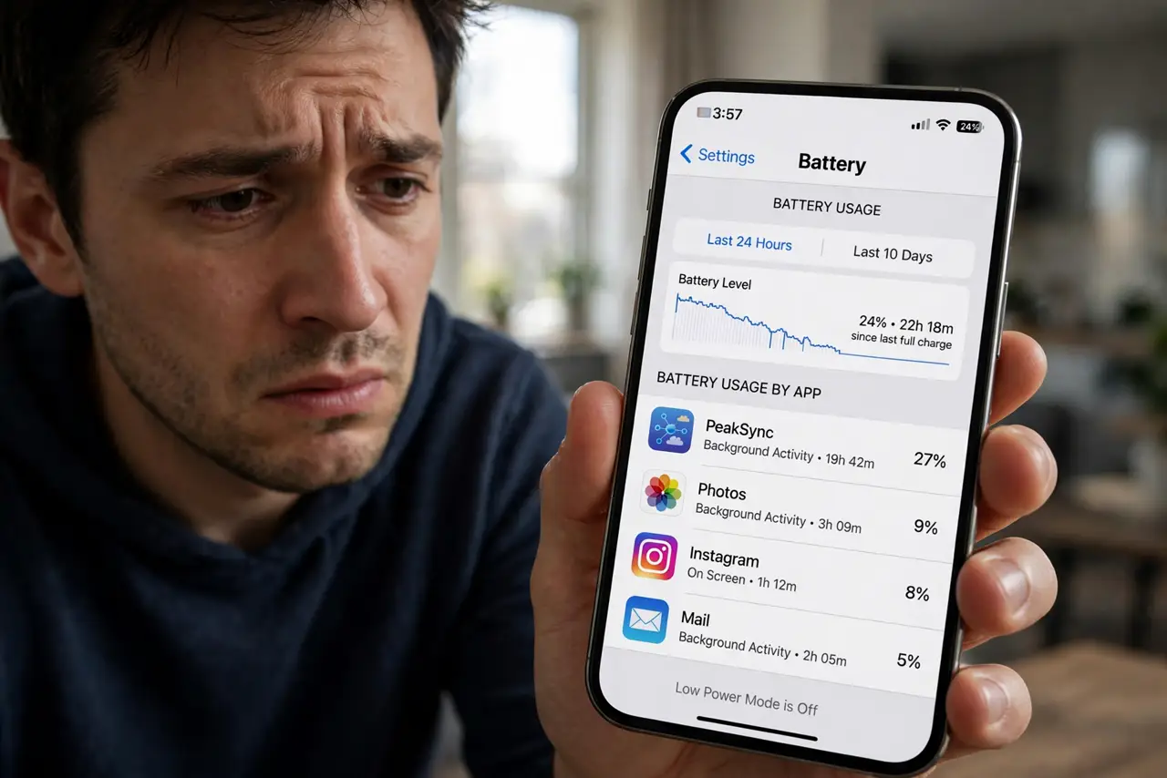 Photoreal photo: a person looking worried at a real phone showing battery usage with an unfamiliar app listed, the person's face concerned, dim indoor light. No black screen, no blank white screen, no fake or garbl...