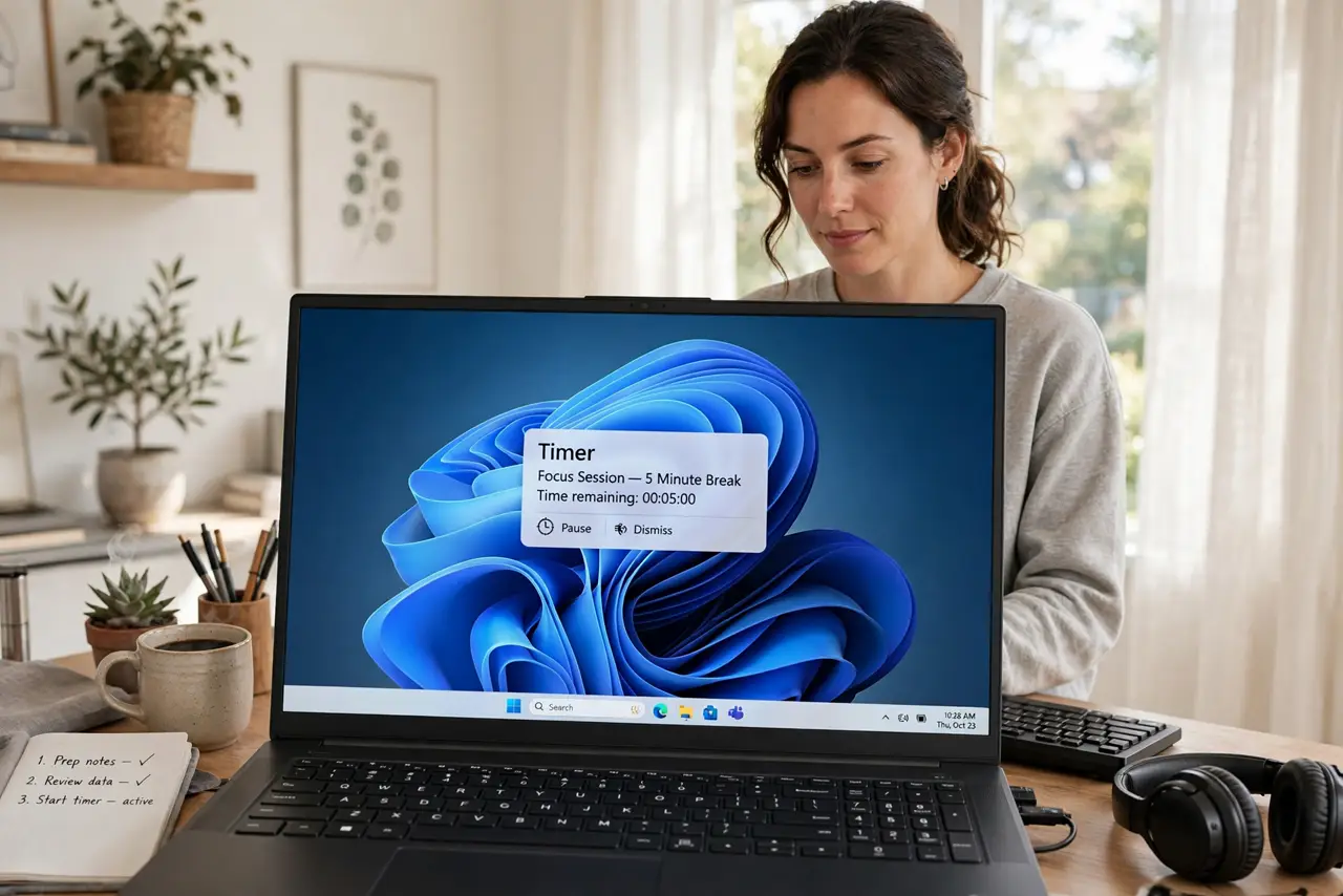 a person standing at a real raised standing desk with a laptop showing a timer notification with legible text, the person's face refreshed, bright home office.