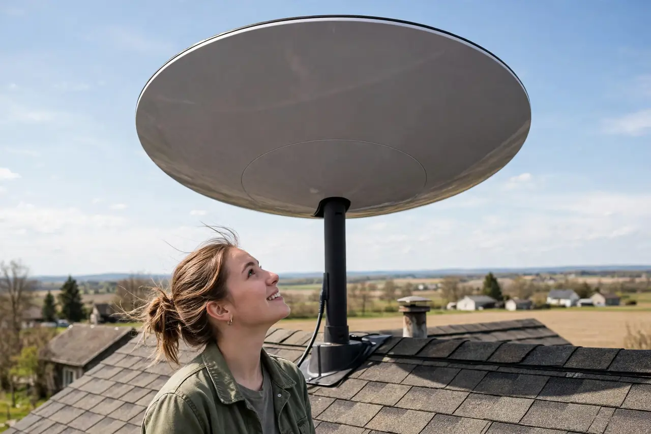 a real Starlink dish mounted on a rural house roof with open sky behind, a person looking up at it, the person's face hopeful, bright daylight. No black screen, no blank white scre.