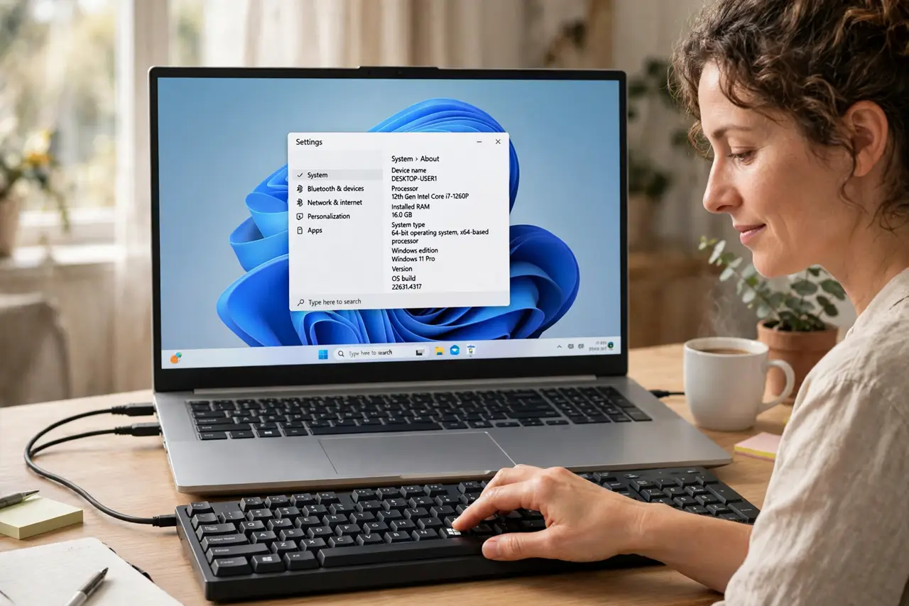A calm adult pressing the Windows key on a keyboard connected to a Windows laptop.
