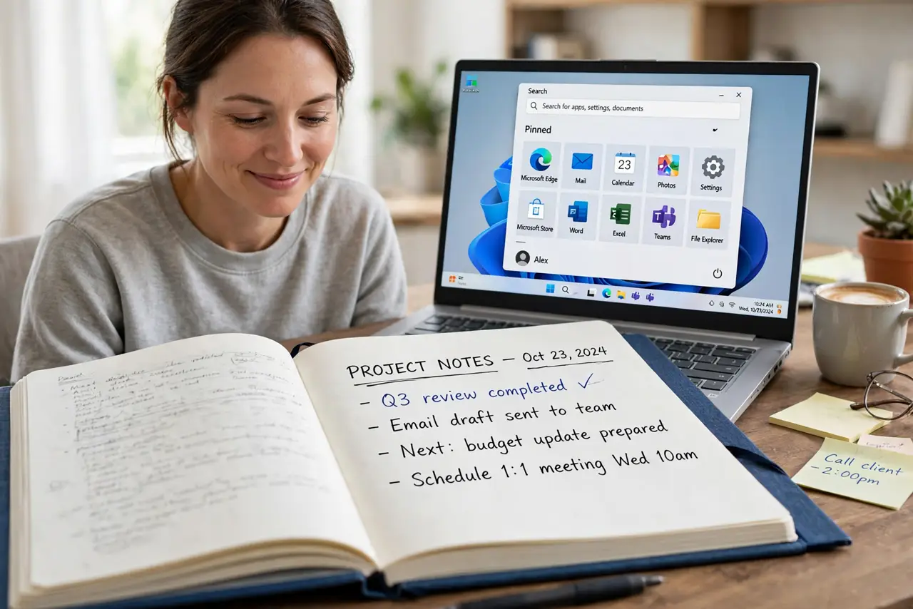 A calm adult at a desk with a Windows laptop, the Start menu open showing app tiles and the search box.