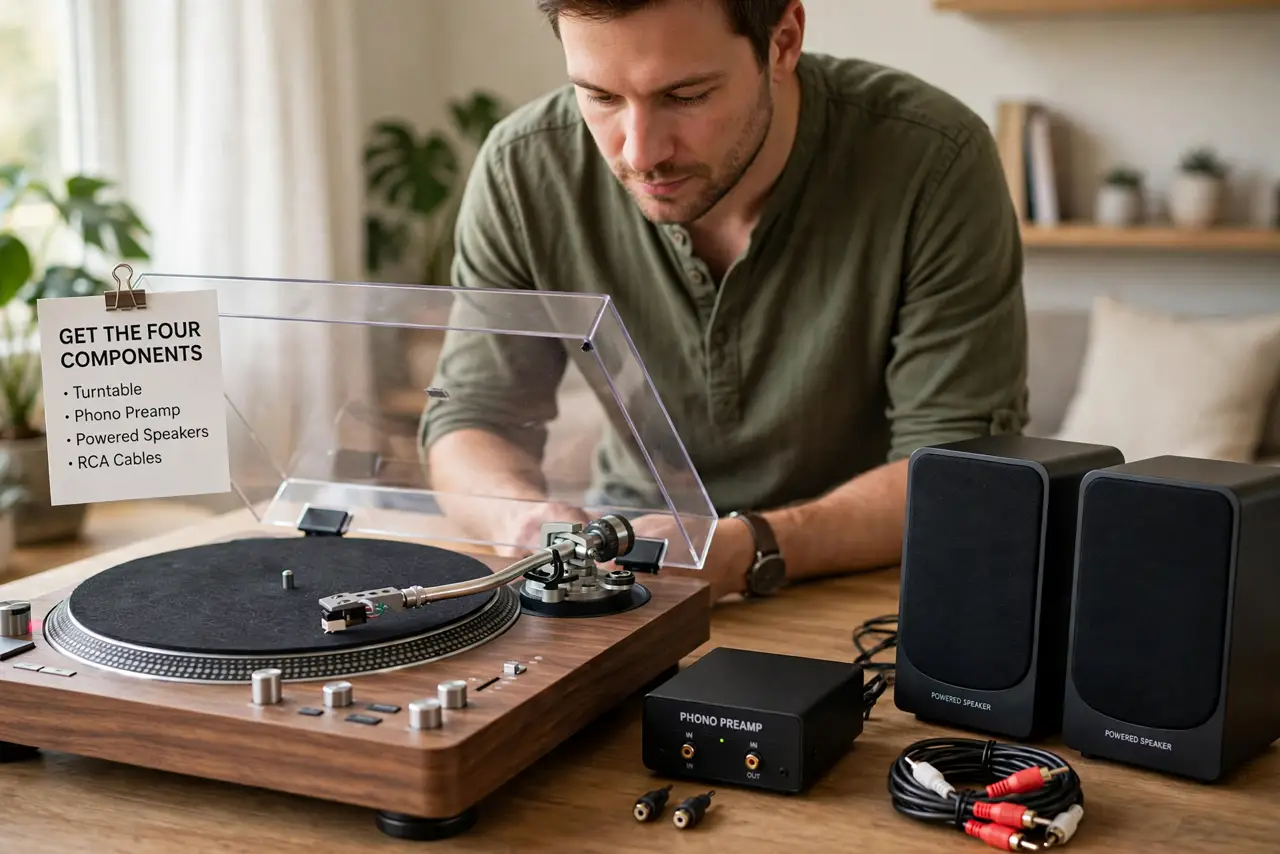 A person performing step 1: Get the four components. Turntable, phono preamp (often built into the turntable or speakers — check before bu.