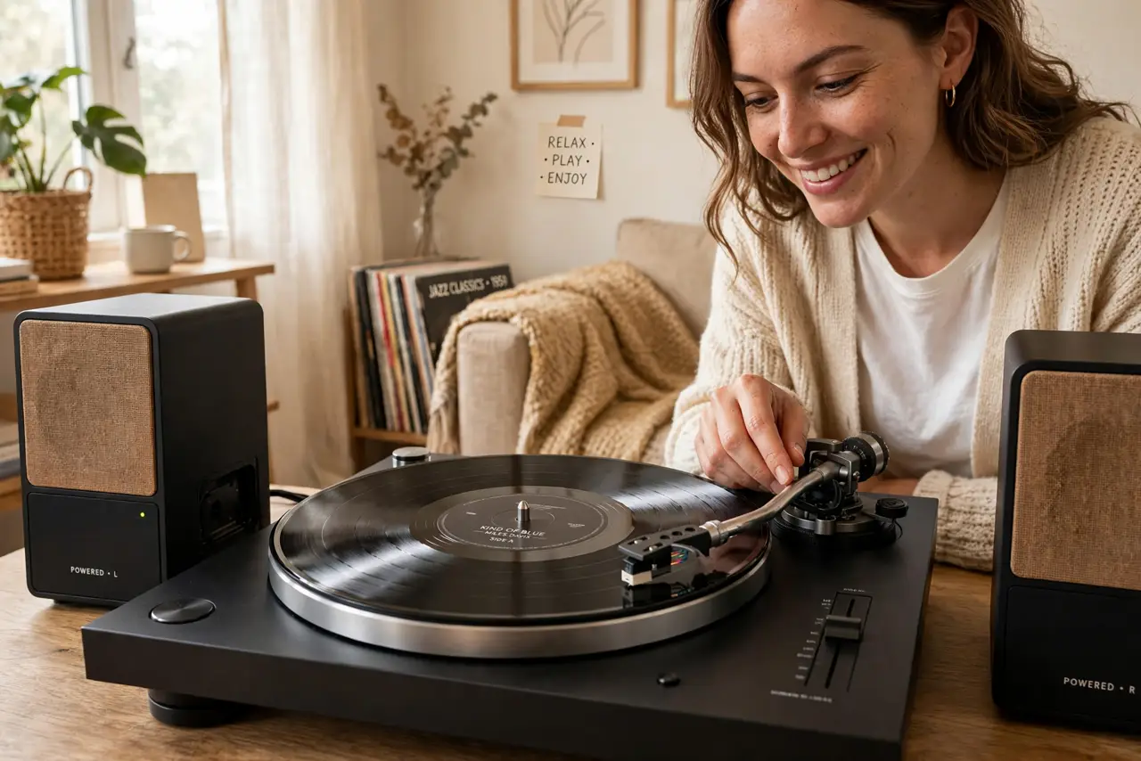 A person gently lowering the tonearm needle onto a real vinyl record on a turntable, powered speakers visible beside it, the person's face delighted, warm living room.