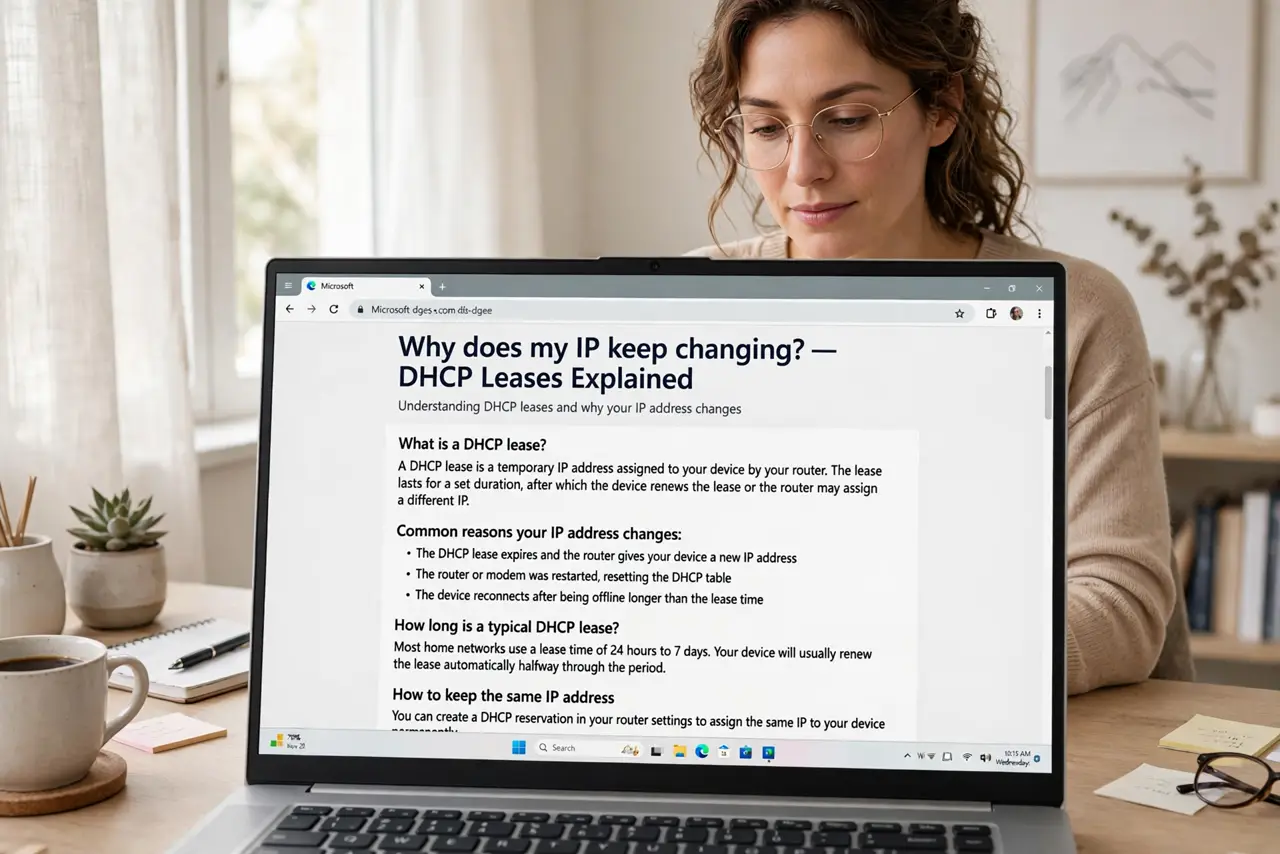 Photoreal photo of a person performing the first step: Understand why the IP keeps changing. Home routers hand out addresses via DHCP from a pool, ...
