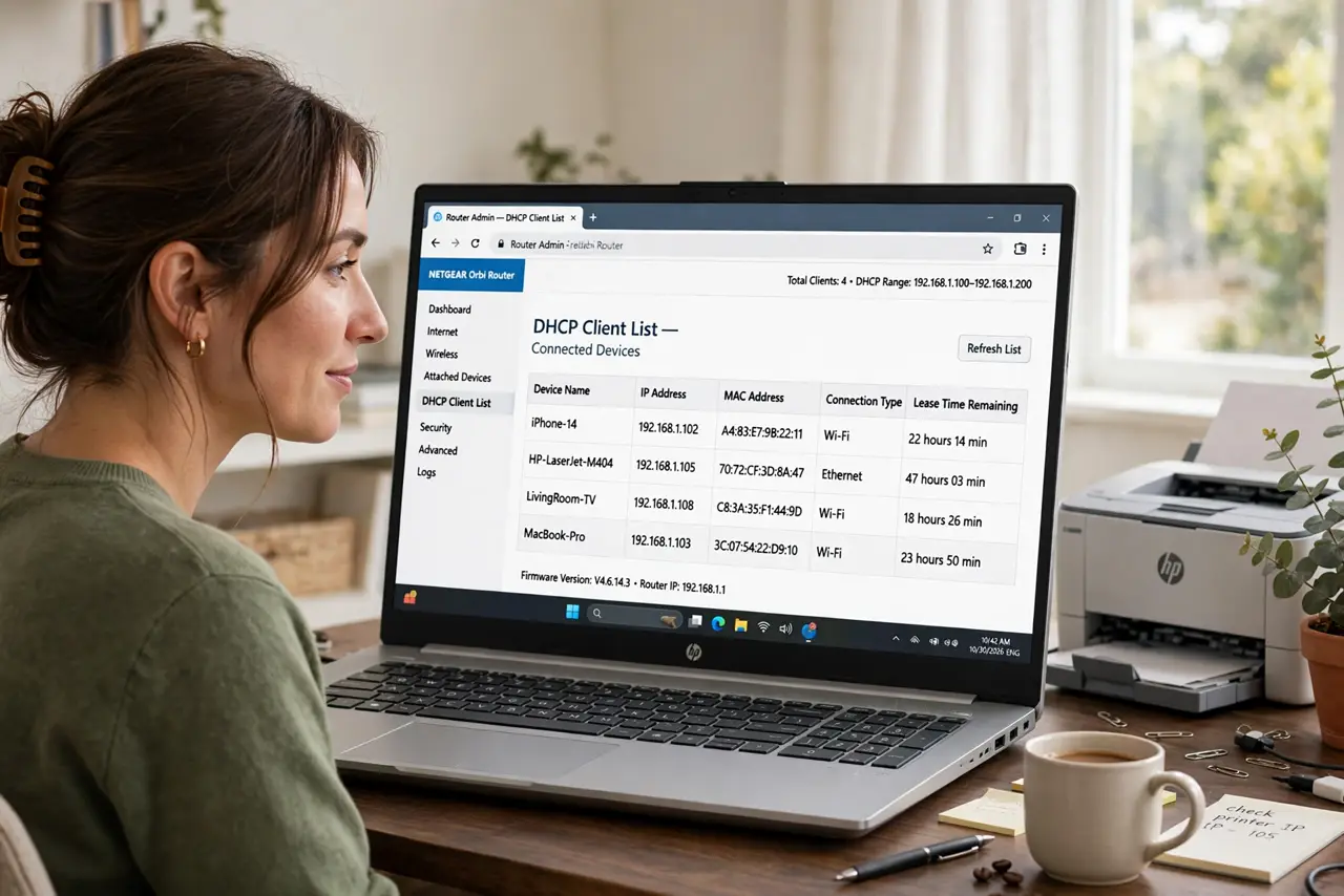 Photoreal photo: a person looking at a real router admin page on a real laptop showing DHCP client list with IP addresses legible, a printer beside the desk, the person's face focused, home office. No black screen,...