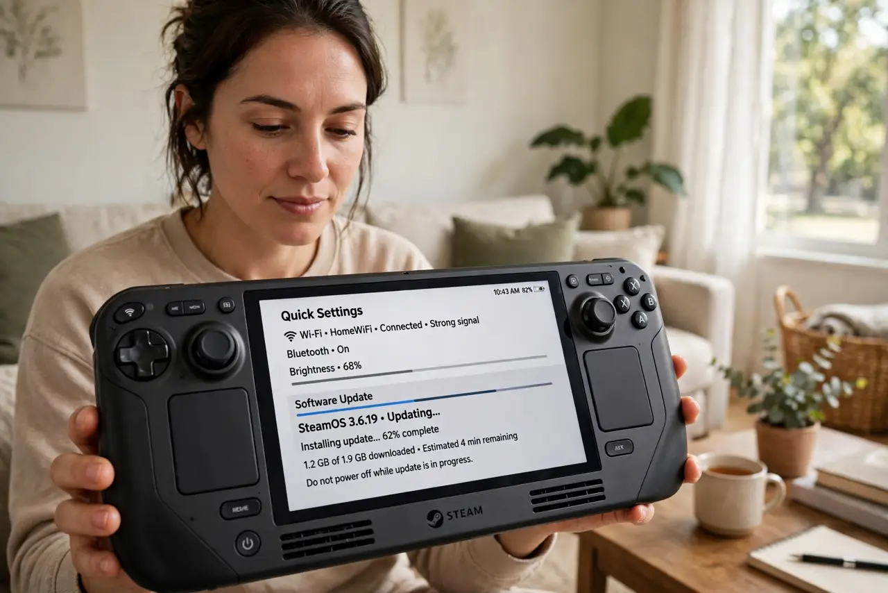 Photoreal photo of a person performing the first step: Connect to Wi-Fi and update first. Join your network in the quick settings, then install the sy