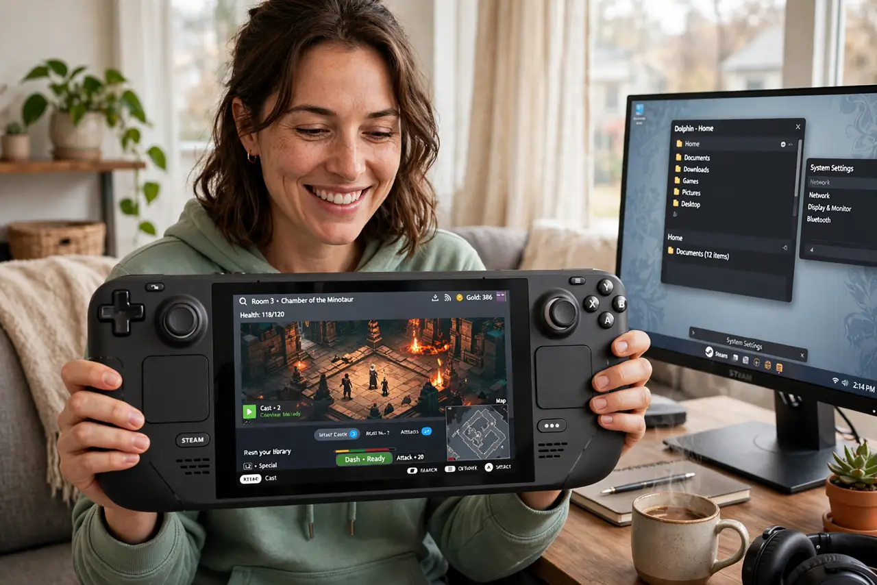 Photoreal photo: a person holding a real Steam Deck showing a game with legible interface, a real monitor beside showing the Steam Deck desktop mode with windows, the person's face delighted, living room. No black screen, no blank whi