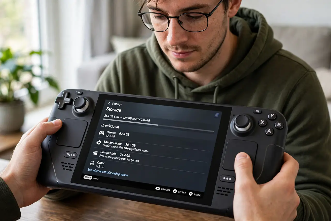A person performing the guide's first step: See what is actually eating space. Open Settings, then Storage, on the Deck. The breakdown shows games, but the hidden hogs are shader…