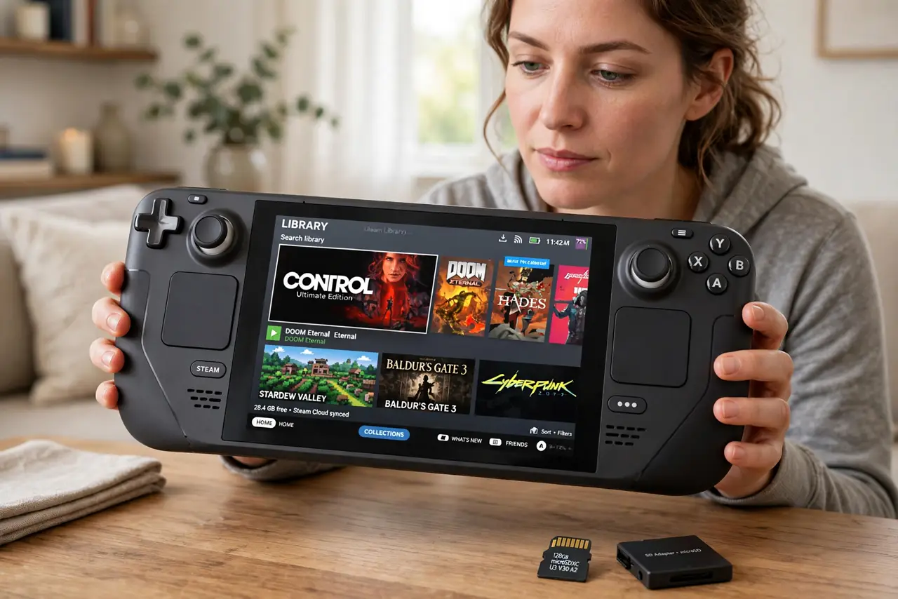 A person holding a real Steam Deck handheld showing a game library screen with legible titles, a microSD card and its adapter on the table beside it, the person's face thoughtful, living room.