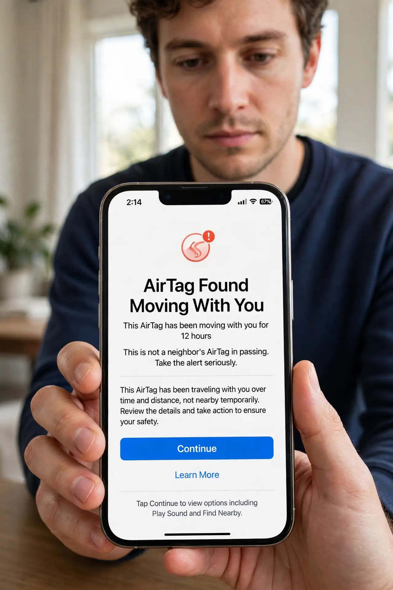 A person performing step 1: Take the alert seriously. The alert triggers only after the tag has traveled with you over time and distance —.