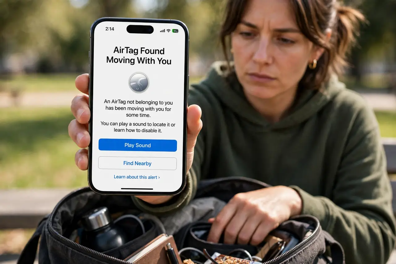 A person holding a real iPhone showing an AirTag detected alert with legible text, searching through a backpack, the person's face serious and focused, daylight.