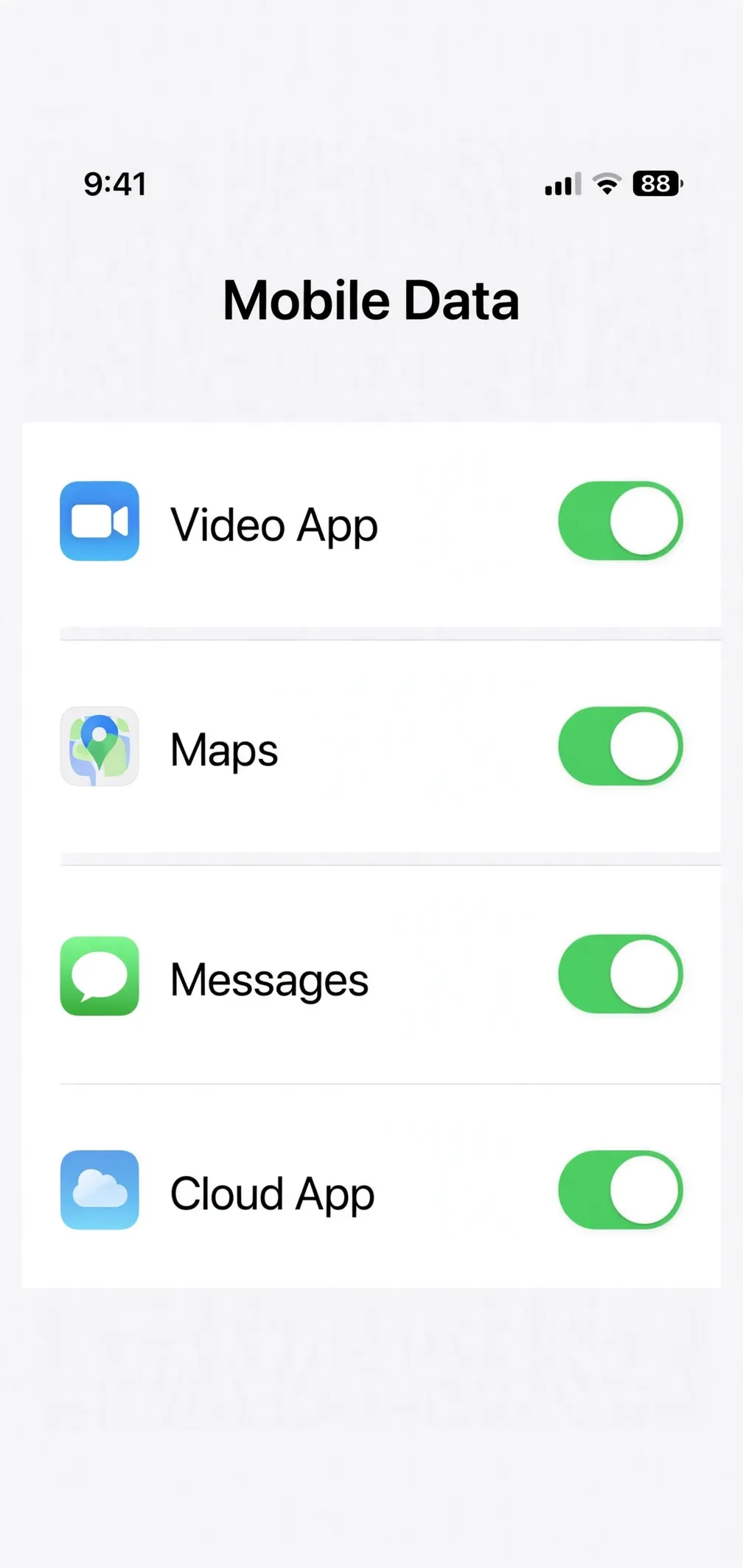 Example recreation of a phone's Mobile Data settings list, with a toggle switch beside each app.