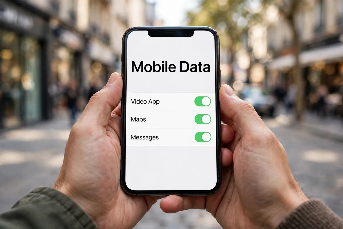 Hands holding a smartphone outdoors showing the Mobile Data settings list, with Video App, Maps and Messages each beside a green toggle switch.