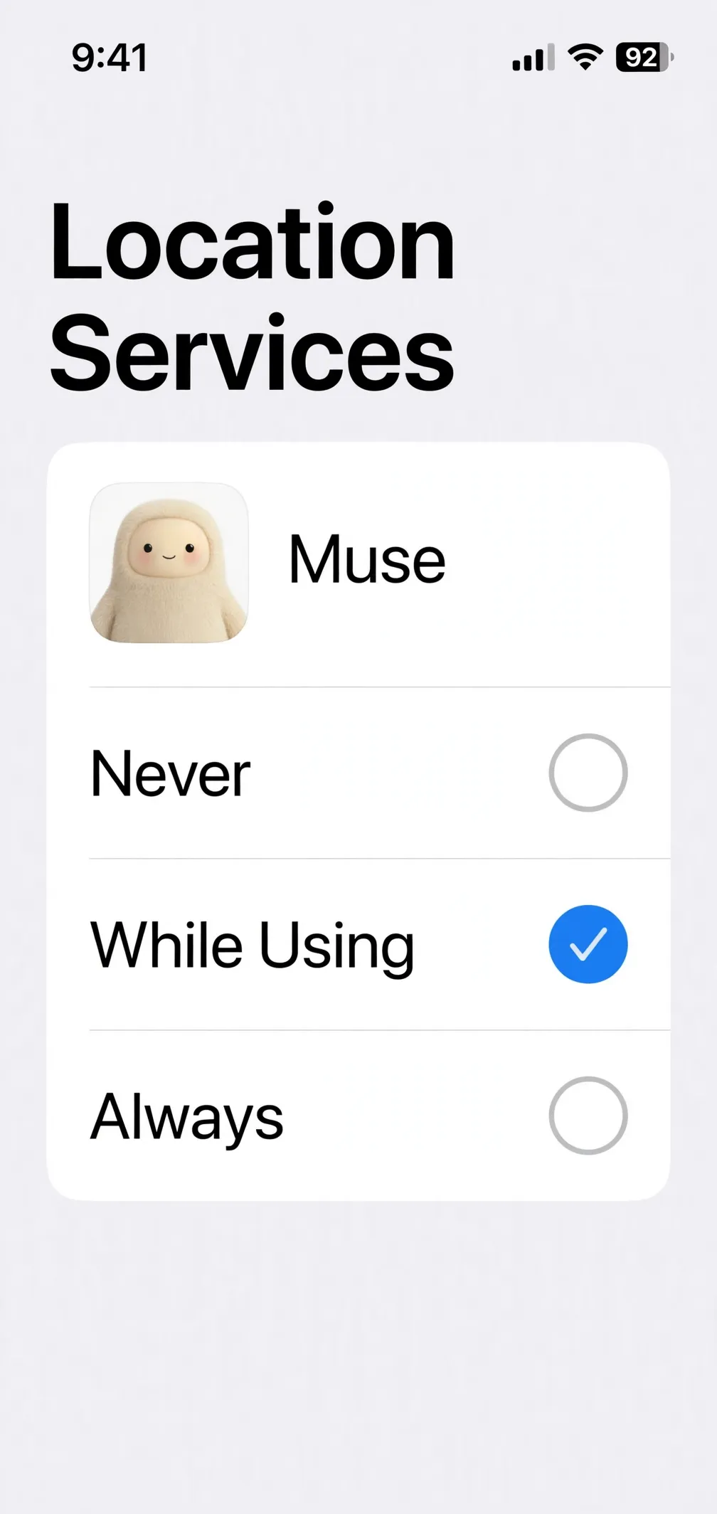 Example recreation of Location Services permission options for an app, with While Using selected instead of Never or Always.