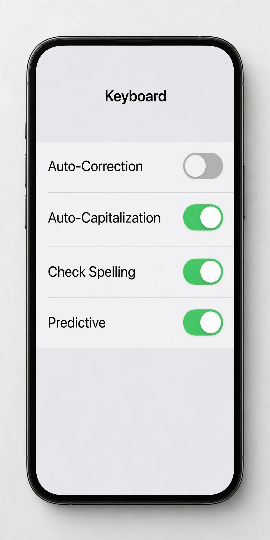 Recreation of the iPhone Keyboard settings screen with the Auto-Correction toggle switched off.
