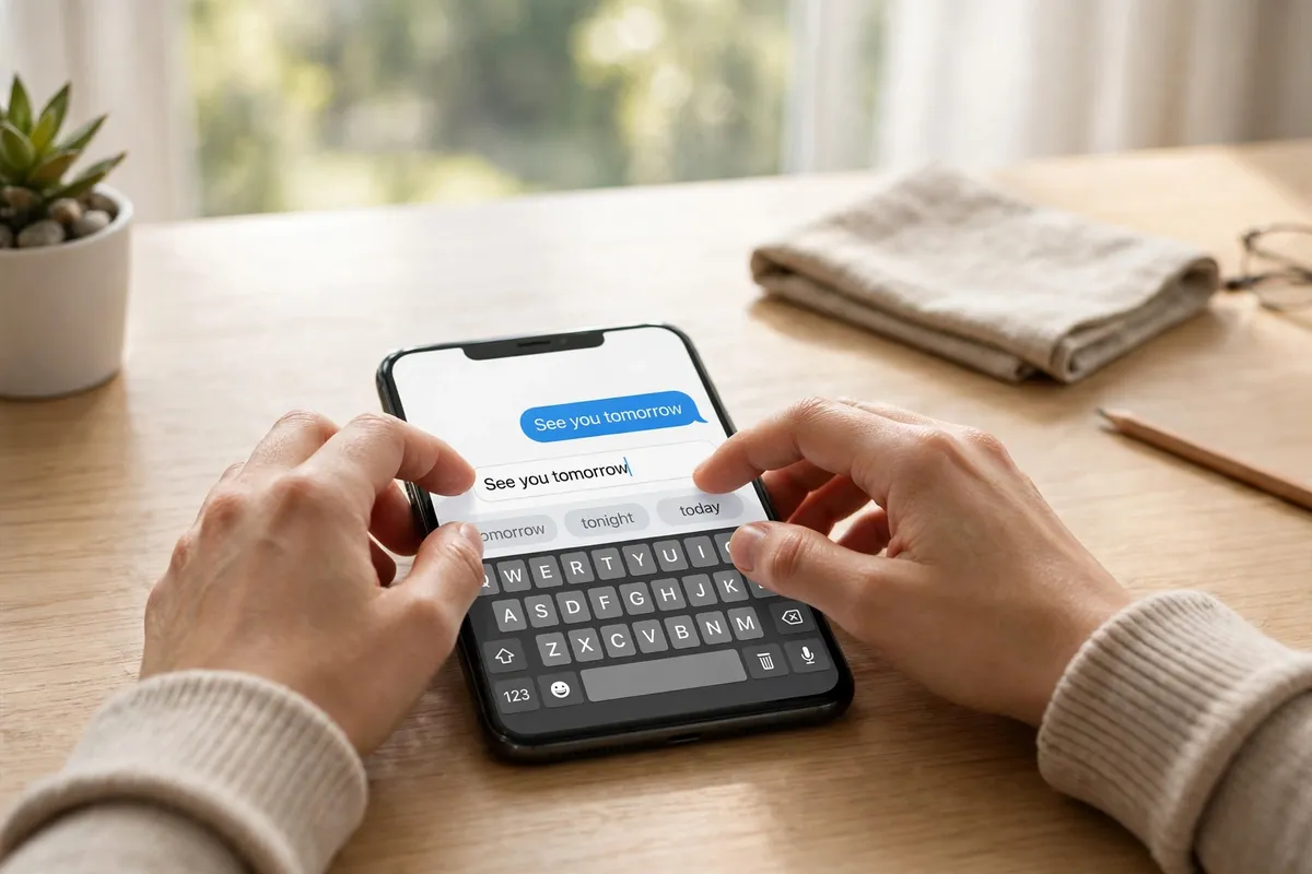 Hands typing a message reading See you tomorrow on a phone, with a suggestion bar showing tomorrow, tonight and today, at a clean wooden desk.