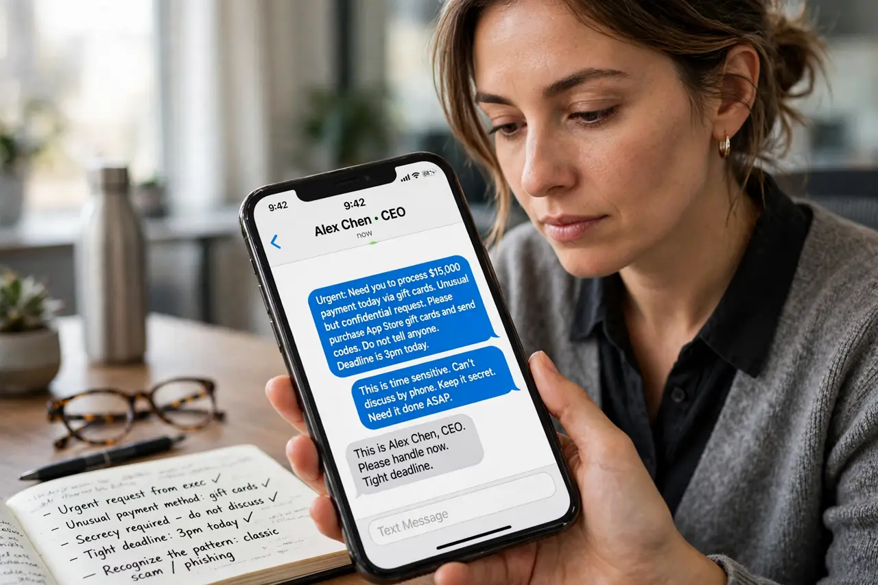 A person performing the guide's first step: Recognize the pattern instantly. Urgent request from an executive, unusual payment method (gift cards, wire, crypto), secrecy (do not tell…