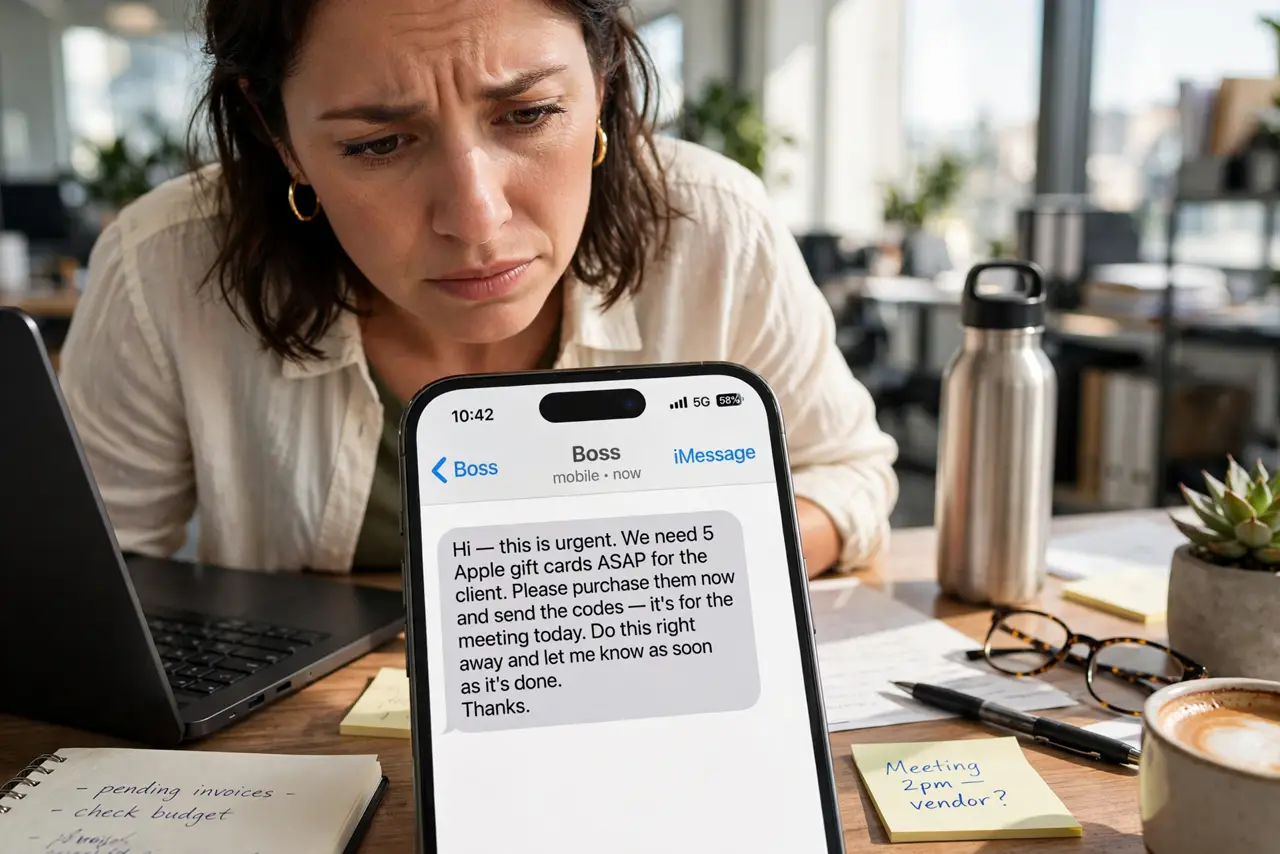 A person at an office desk staring at a real phone showing an urgent message supposedly from their boss asking for gift cards, the message text legible, the person's face uneasy and suspicious,….
