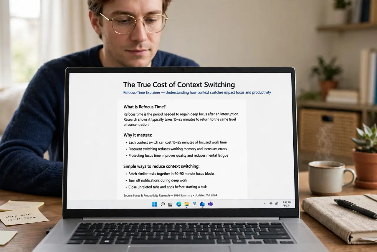Photoreal photo of a person performing the first step: See the true cost first. Every switch — even a 'quick check' — costs 10 to 20 minutes of ref...