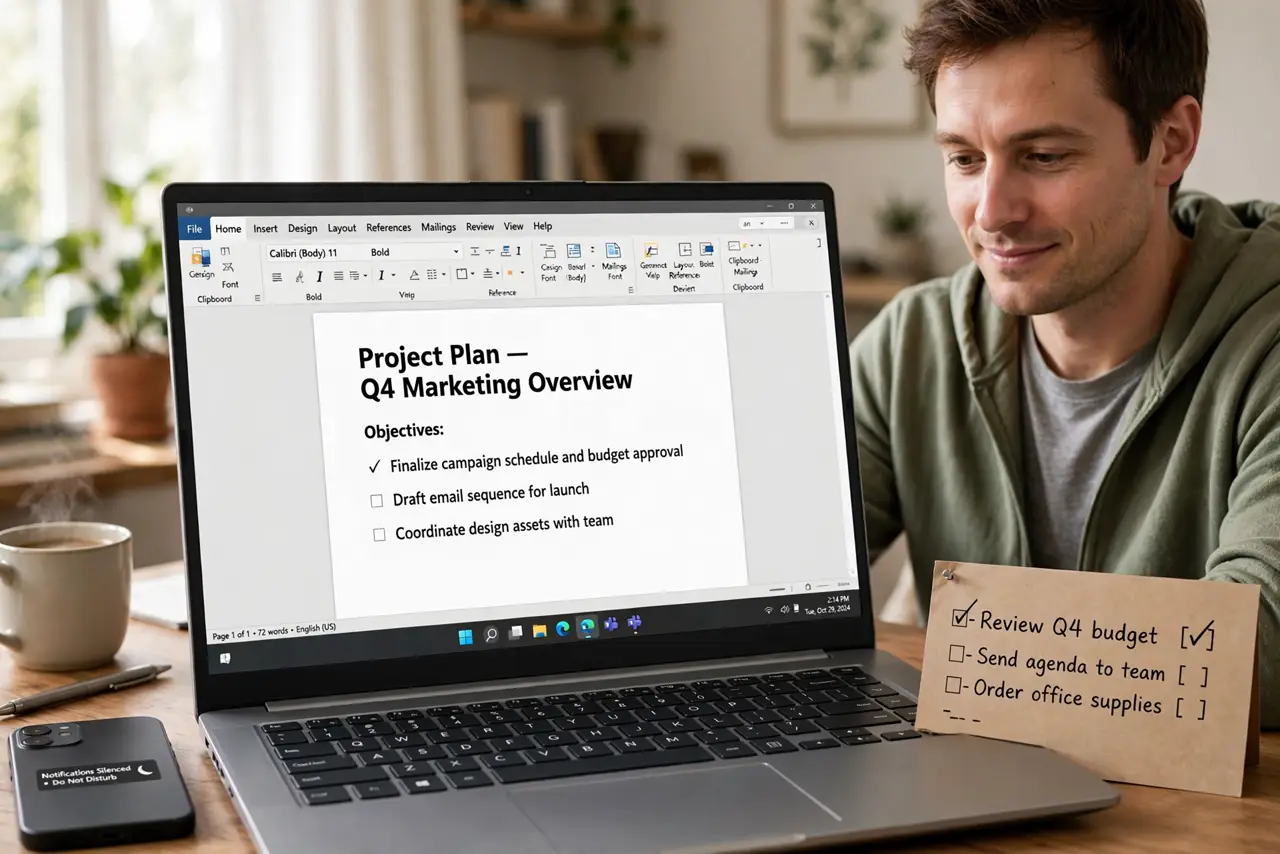 Photoreal photo: a person working on a real laptop with a single document open and legible, phone face-down and notifications silenced beside it, a simple paper task list with one item checked, the person's face ca...