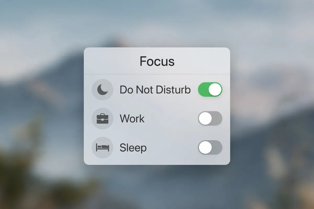 Recreation of the macOS Focus menu showing Do Not Disturb switched on, with Work and Sleep switched off.