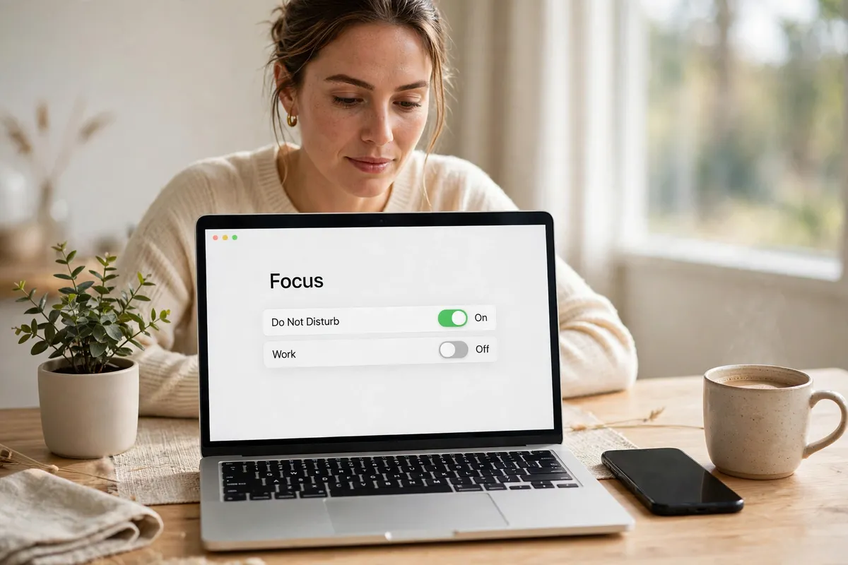 A person working at a MacBook on a tidy wooden desk, its screen showing macOS Focus settings with Do Not Disturb switched on, with a phone beside it, a cup of coffee and a small plant nearby in bright daylight.