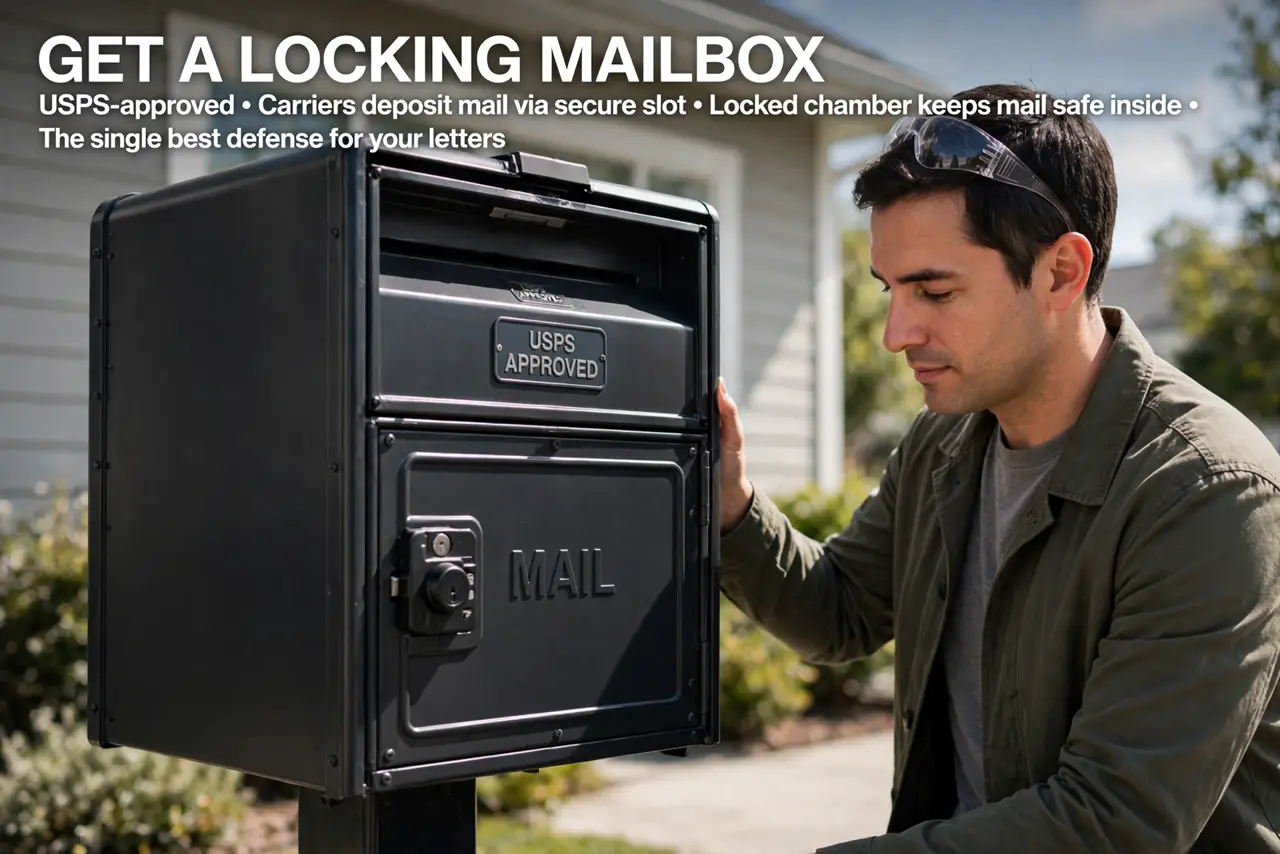 A person performing the guide's first step: Get a locking mailbox. A USPS-approved locking mailbox lets carriers deposit mail through a slot while keeping it locked inside. It is the…