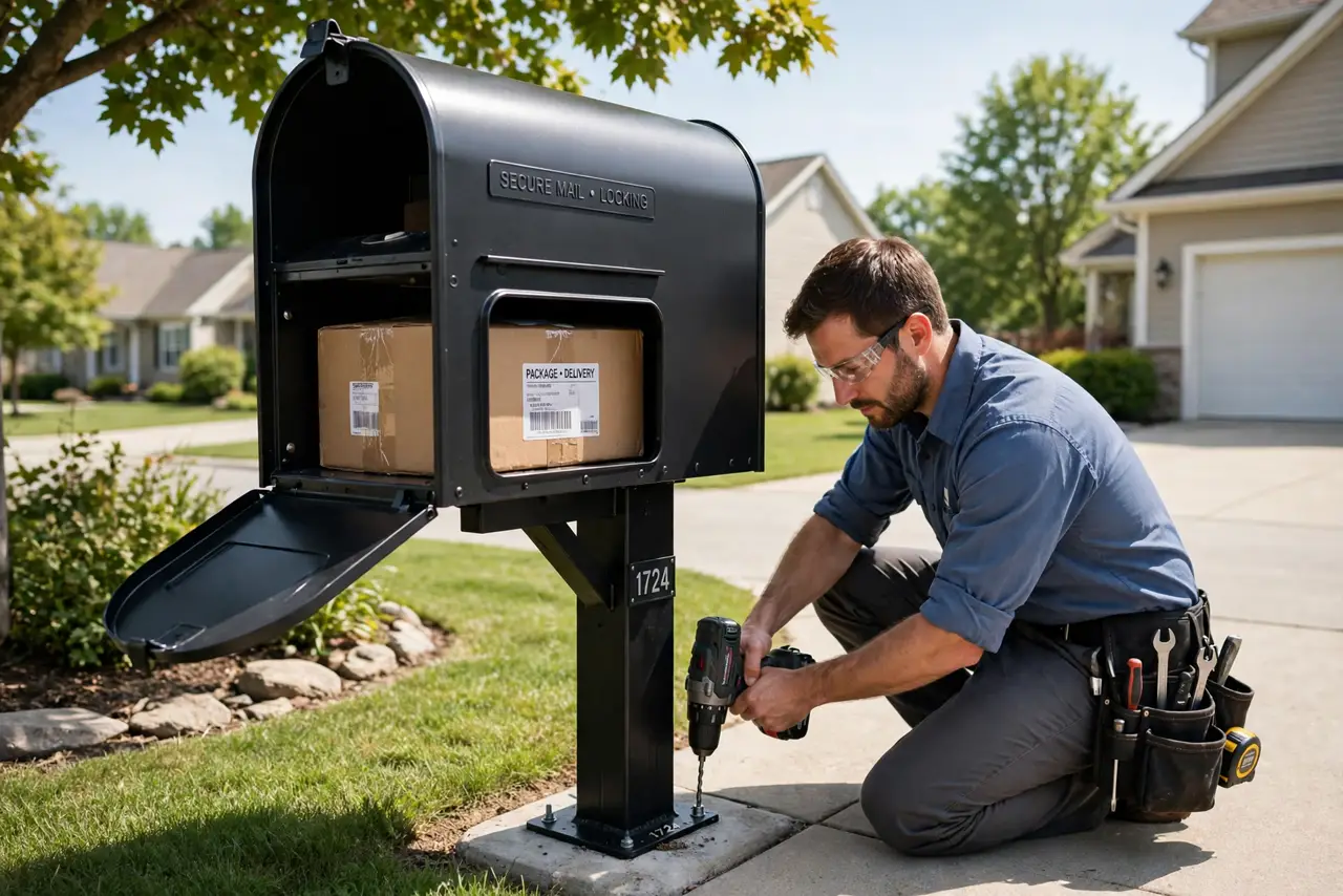 A person installing a real locking mailbox at the end of a driveway, a package visible inside, the person's face determined, suburban daylight.