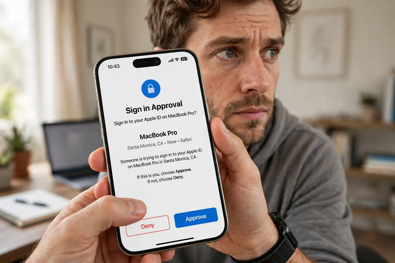 A person holding a real phone large in frame showing a legible sign-in approval prompt with approve and deny buttons, the person's thumb hovering over deny, face alert.