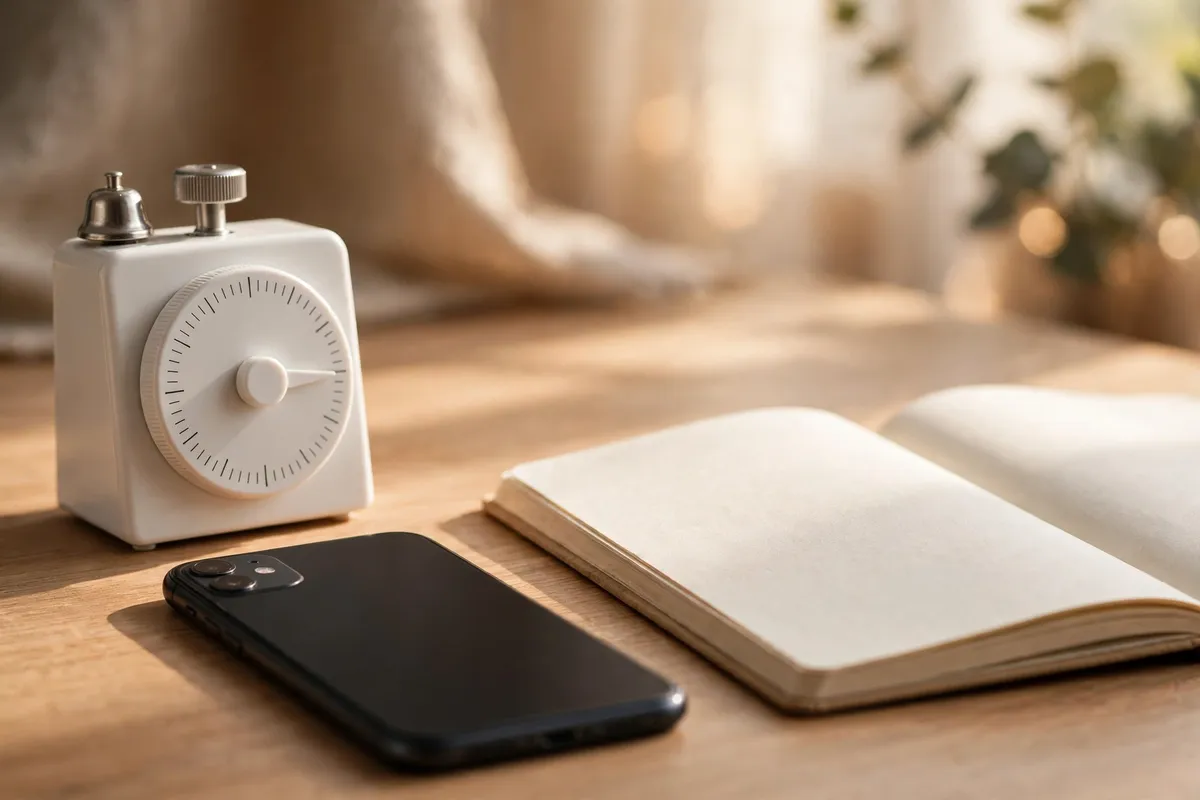 A white desk timer beside a silenced phone face down and an open notebook on a wooden desk in warm light.