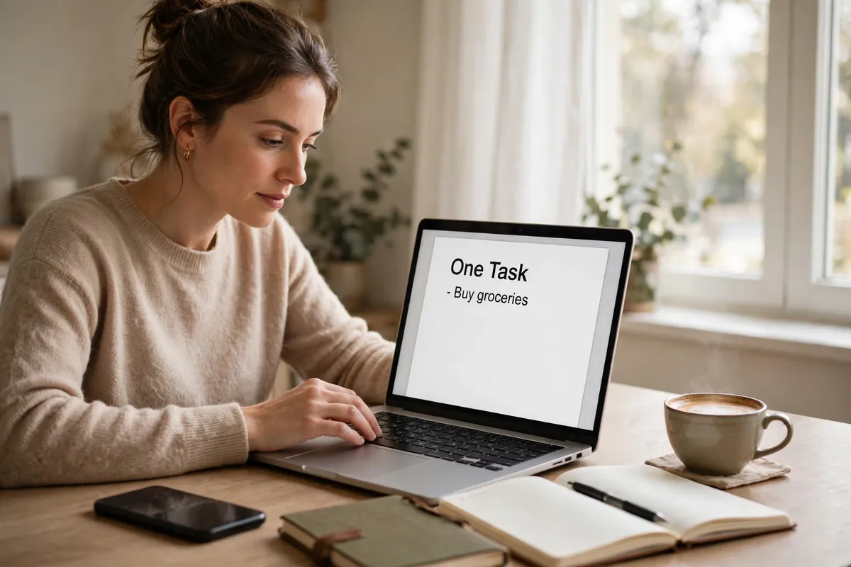 A woman working in focus on a single task on a laptop showing a document titled One Task, with her phone face down and a notebook and coffee beside her.