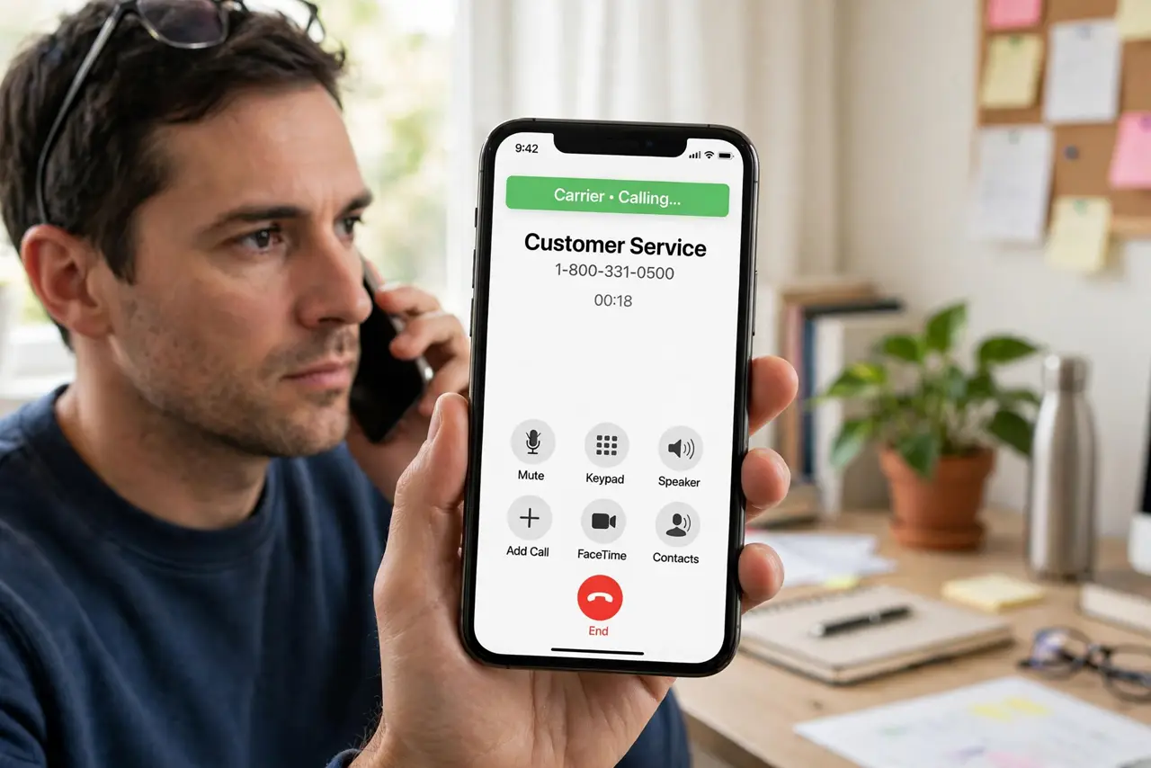 a person on a real phone calling their carrier's customer service, the phone screen showing the call in progress, the person's face serious and focused, home...