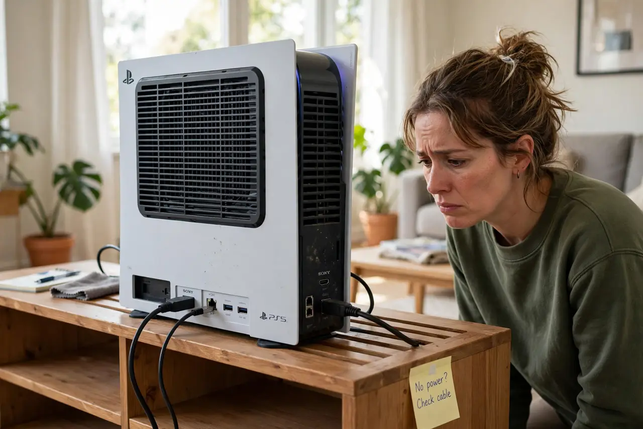 a person checking the back of a real PS5 console with visible vents on an open TV stand, the console with space around it, the person's face concerned, livin...