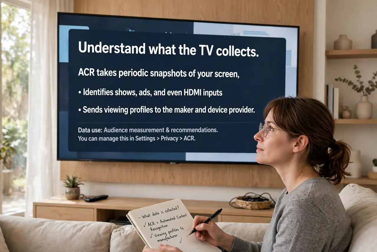 A person performing step 1: Understand what the TV collects. ACR takes periodic snapshots of your screen, identifies shows, ads, and even .