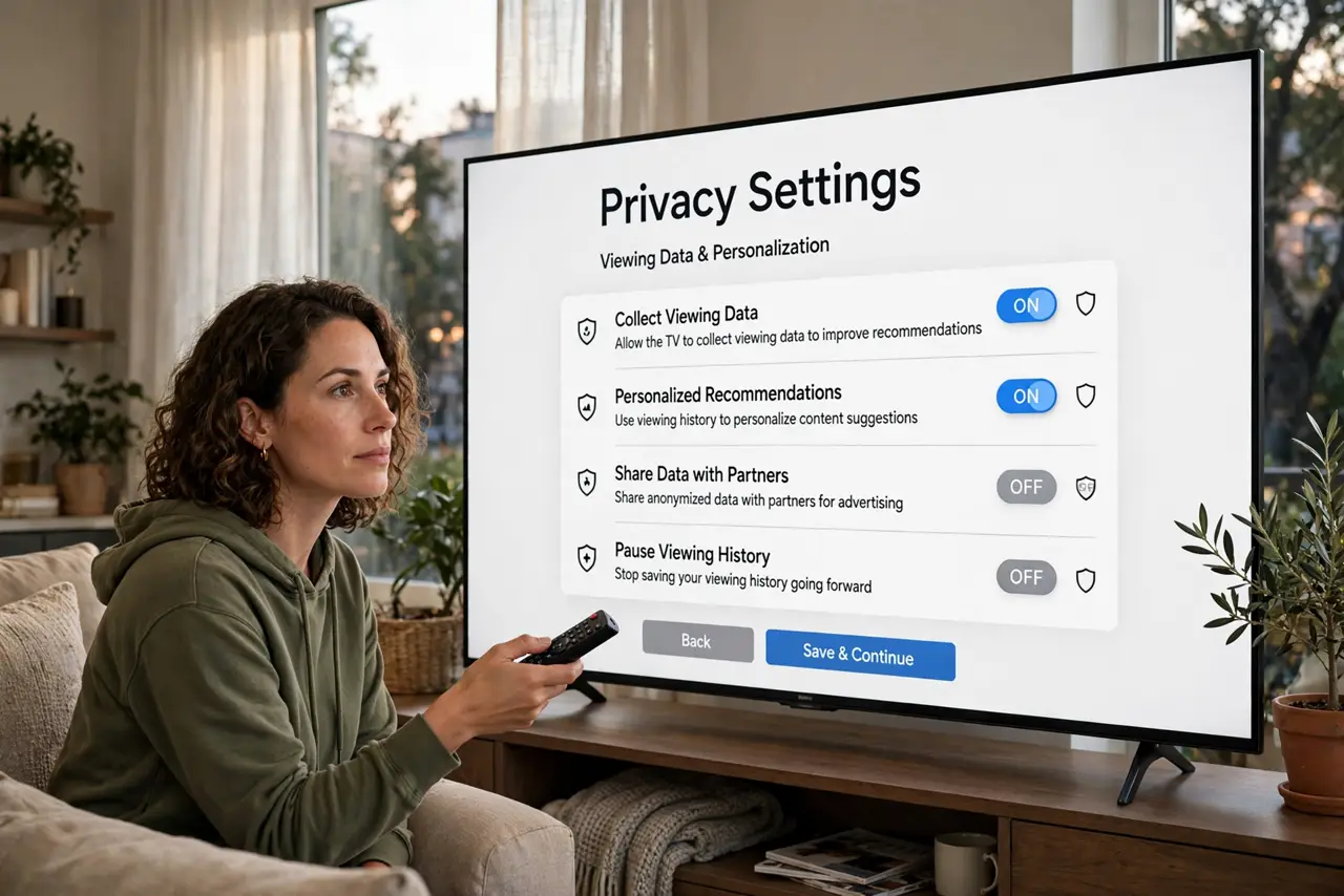 A person navigating a real smart TV privacy settings menu on screen with viewing data options visible, remote in hand, the person's face determined, living room evening.