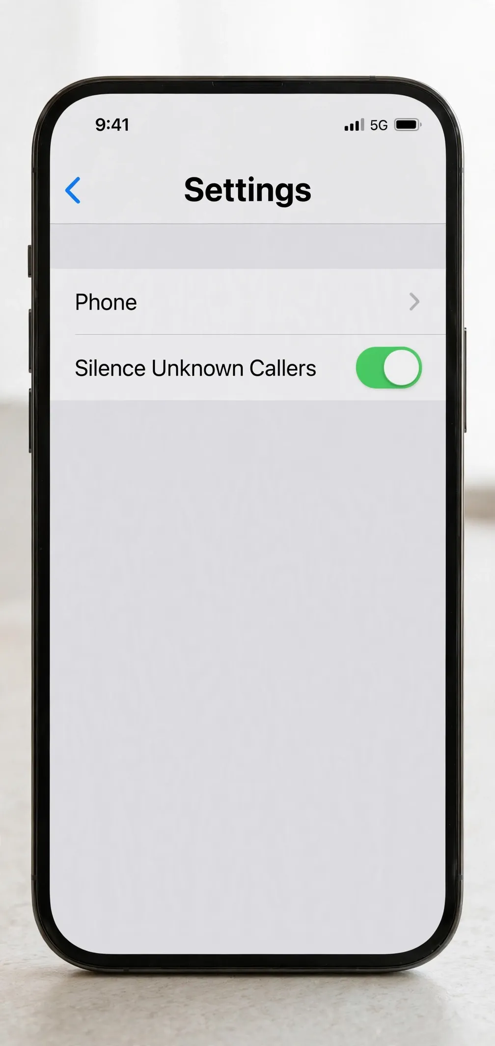Example recreation of an iPhone Settings screen with the Silence Unknown Callers toggle switched on.
