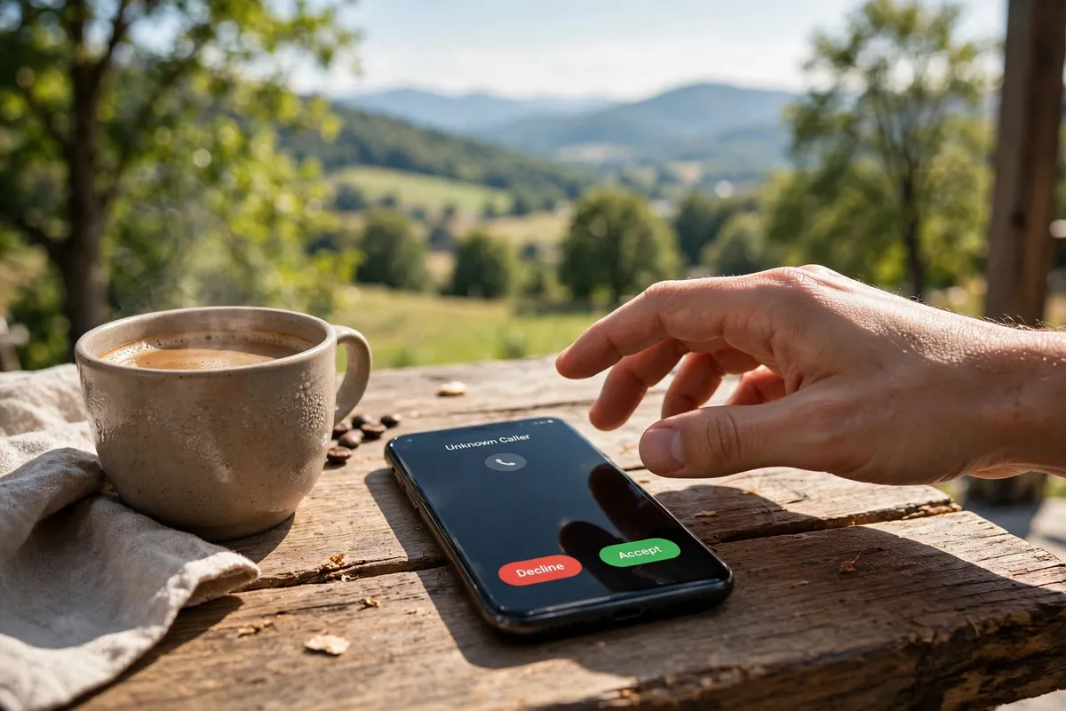 A hand reaching for a smartphone on a wooden desk next to a cup of coffee, showing an incoming Unknown Caller screen with red Decline and green Accept buttons.