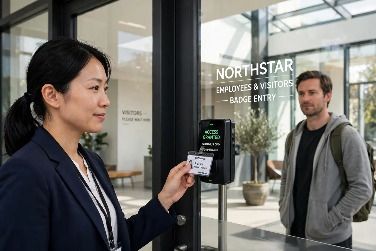 A person badging into a real modern office entrance with a glass door, a stranger waiting behind at a polite distance, the person's face friendly but firm, bright.
