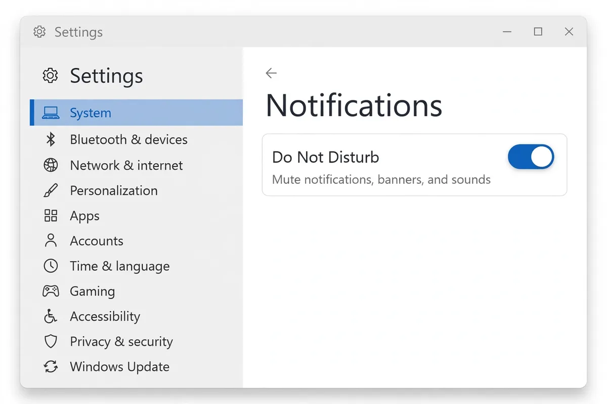Windows Settings Notifications screen with the Do Not Disturb toggle switched on.