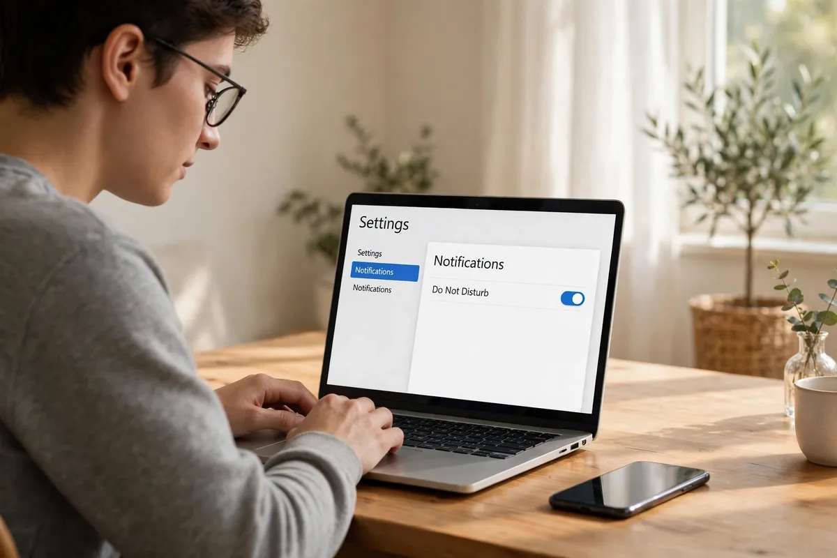 A person at a laptop showing Windows Notifications settings with Do Not Disturb switched on, phone beside it on a bright wooden desk.