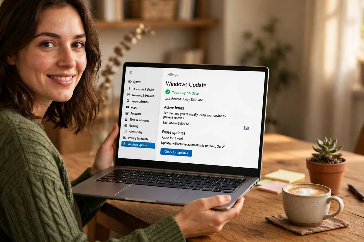 A smiling woman turning her laptop toward the viewer to show Windows Update settings, with Active hours and Pause updates visible.