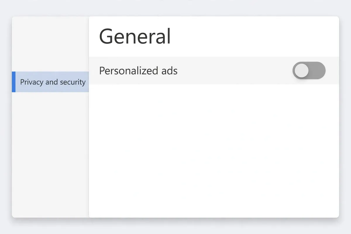 Windows Settings recreation showing the Privacy and security section with the Personalized ads toggle switched off.