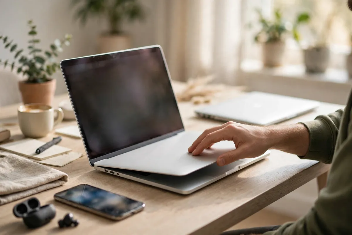 A hand closing a laptop on a bright desk beside a phone, suggesting taking control of privacy and stopping tracking.