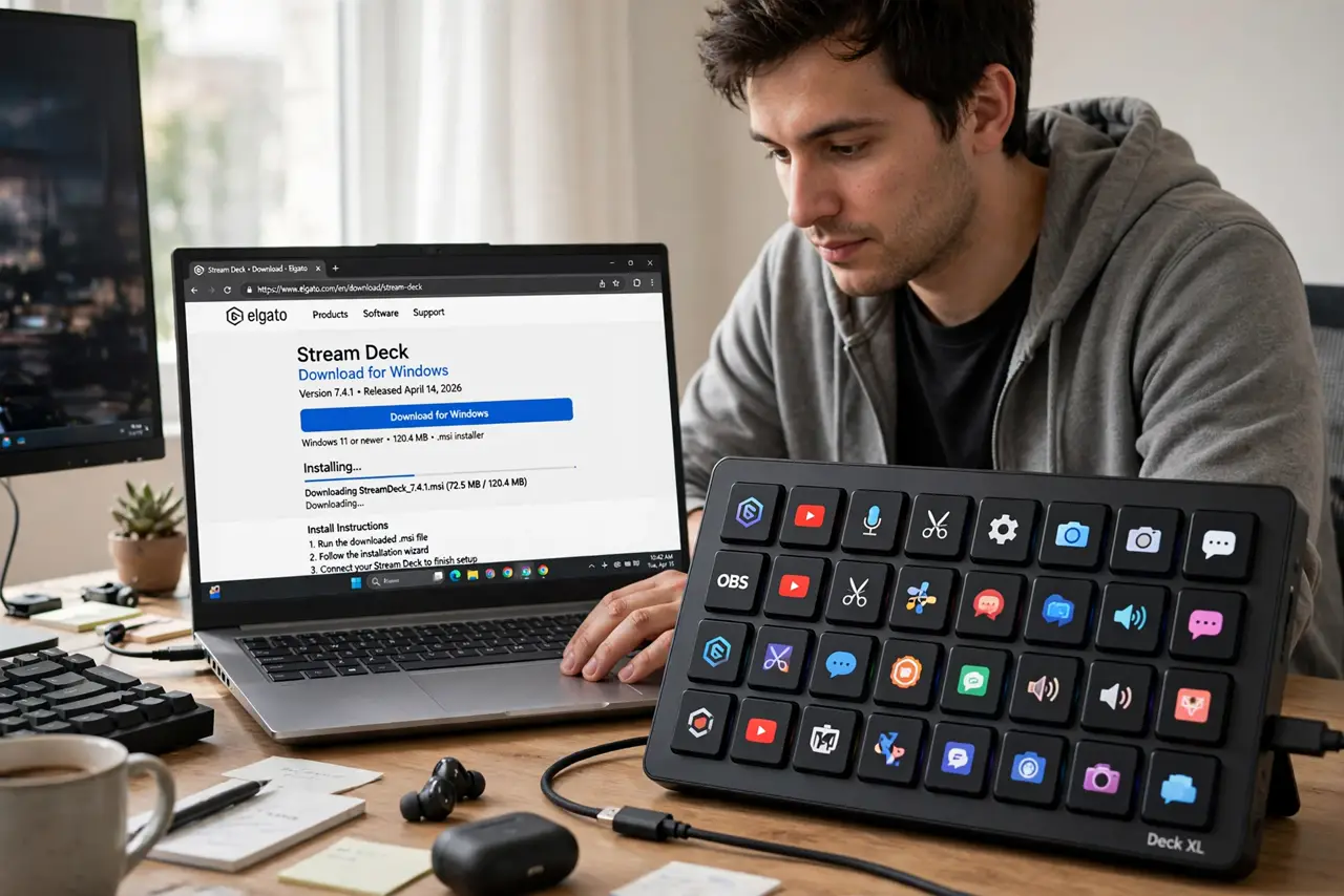 Photoreal photo of a person performing the first step: Install the Stream Deck software first. Download it from the maker's official site for your ...