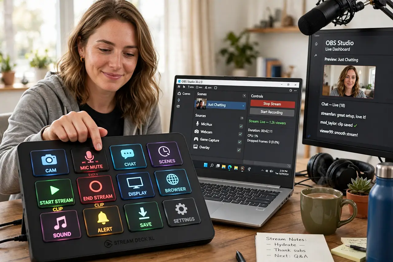 Photoreal photo: a person pressing a button on a real Stream Deck with lit keys showing legible icons, next to a real monitor with streaming software open, the person's face pleased, desk setup. No black screen, no...