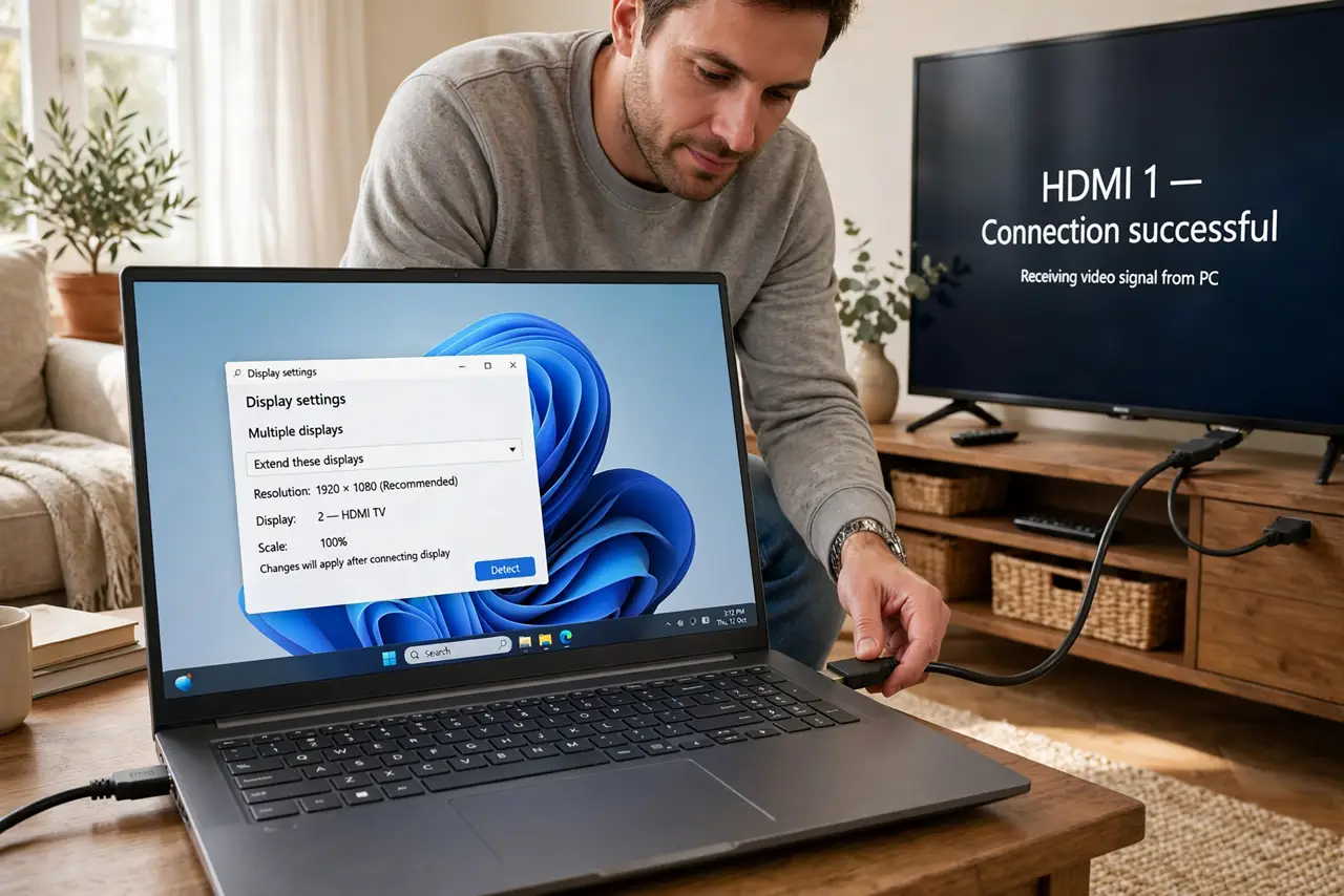 Photoreal photo of a person performing the first step: Try an HDMI cable first — it always works. Plug one end into the PC and the other into the T...