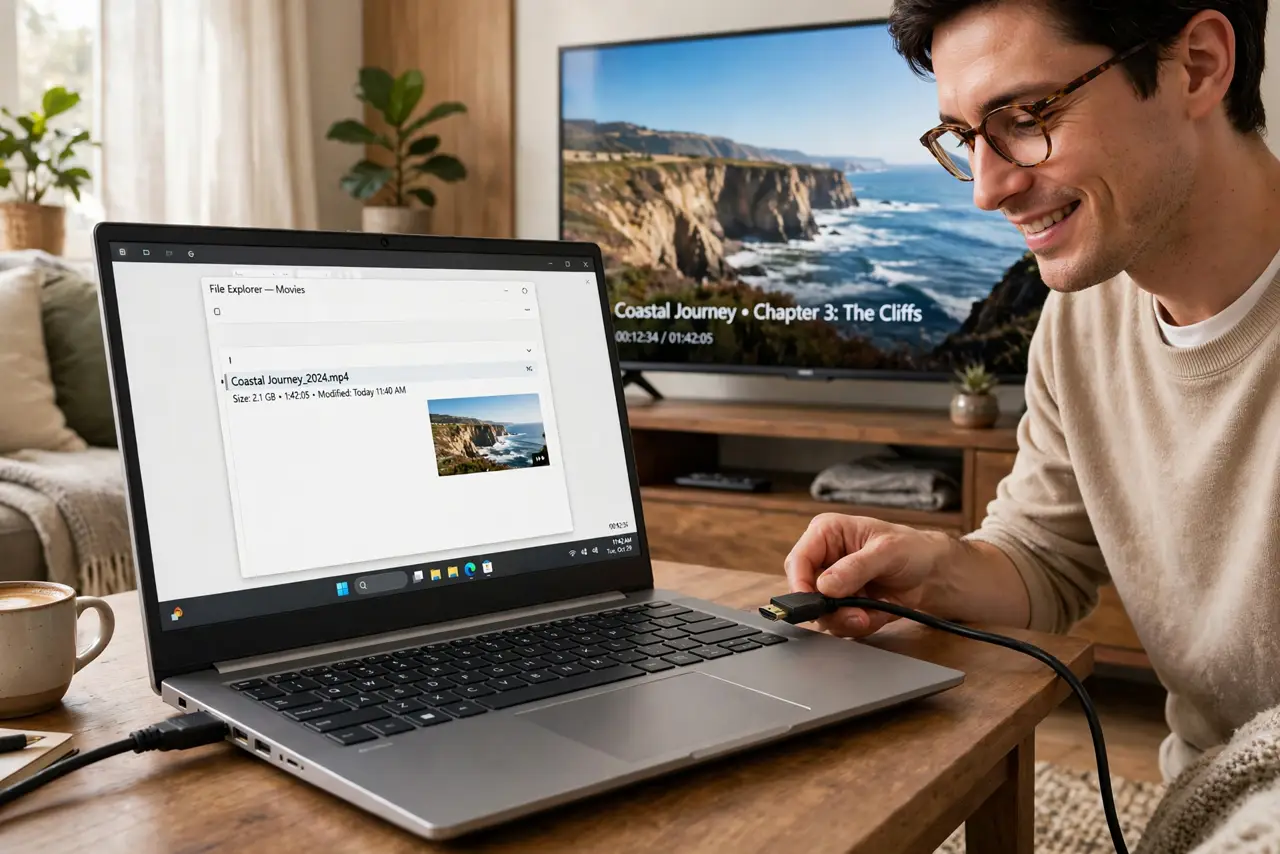 Photoreal photo: a person connecting a real HDMI cable from a real laptop to a real TV showing a movie scene with legible picture, the person looking satisfied, cozy living room. No black screen, no blank white scr...