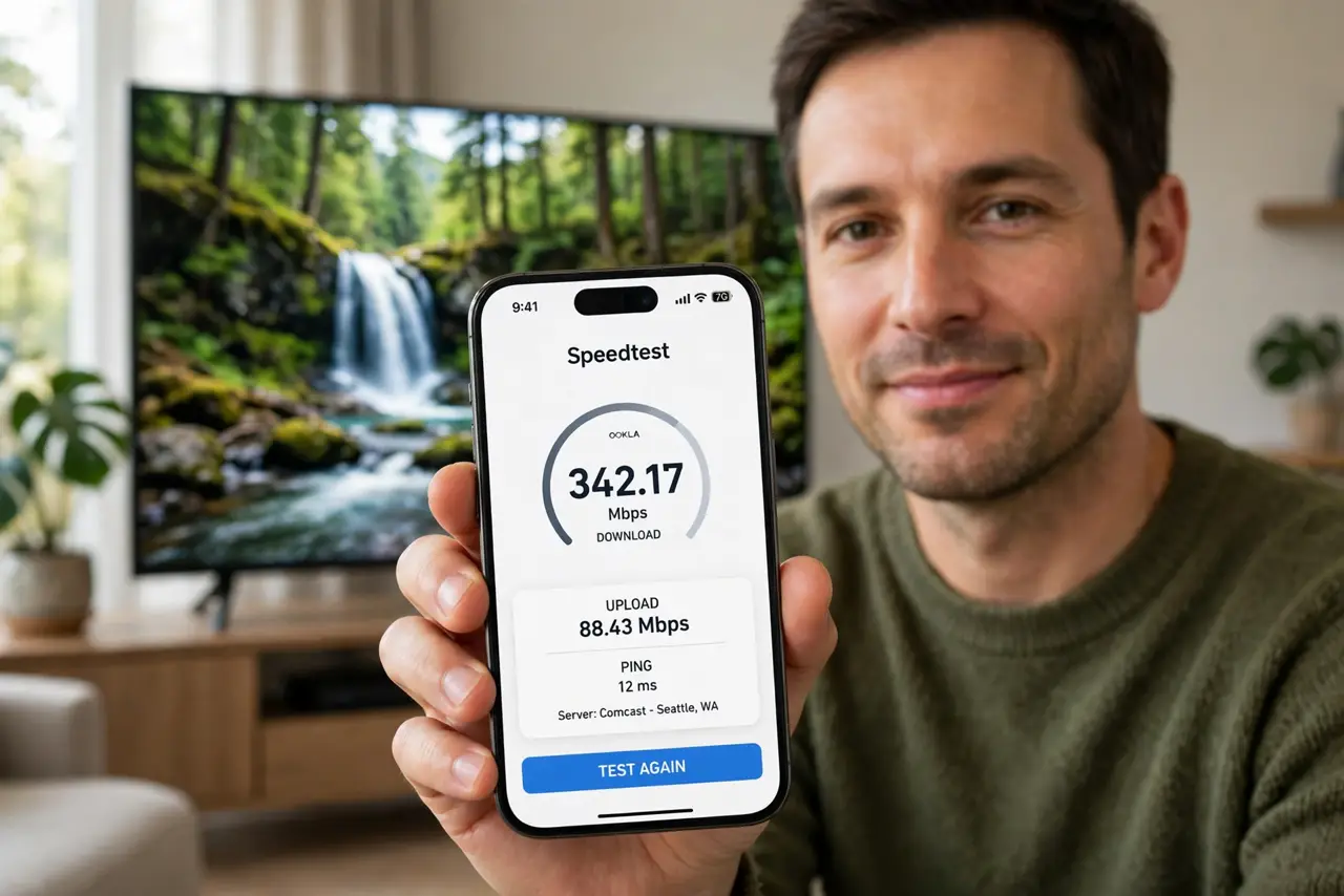 How Much Speed Does 4K Streaming Need — a calm adult holding a real phone showing a speed test result with fully legible numbers, a real smart TV play
